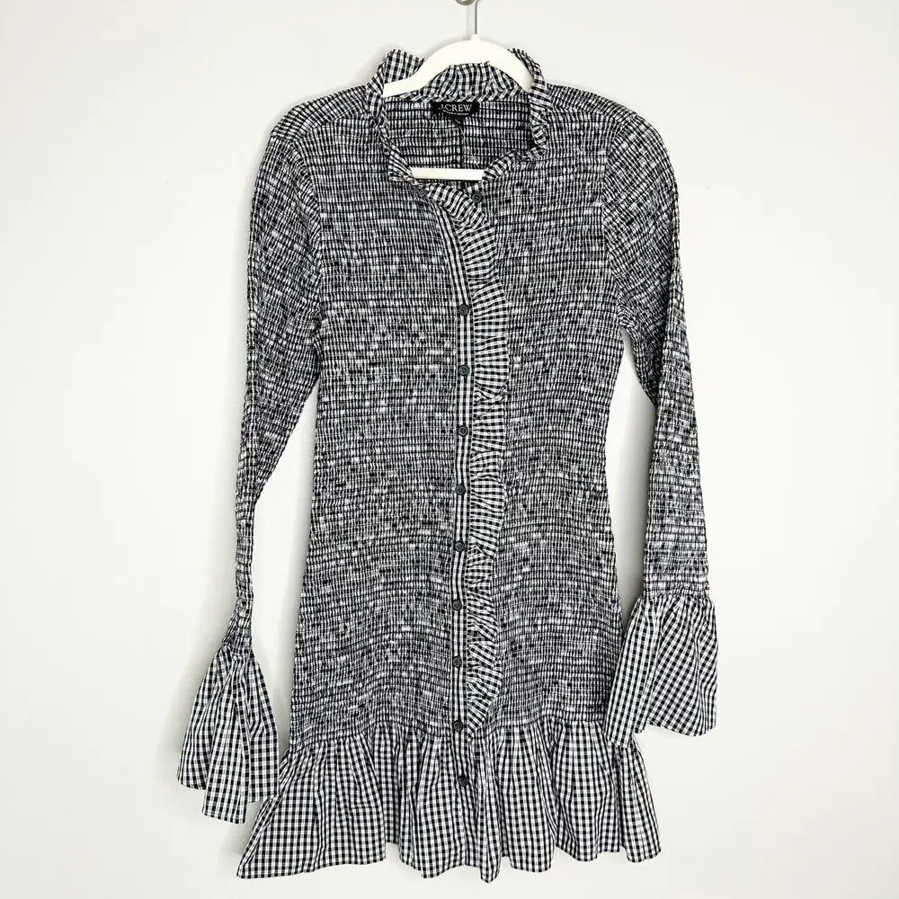 J Crew Black White Smocked Gingham Mini dress Ruffle Sleeves Small NEW